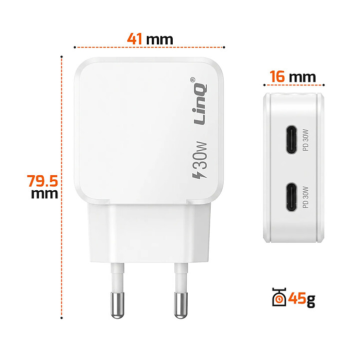 Avis LinQ Chargeur Secteur Universel Double Port USB-C 30W Charge Rapide Blanc