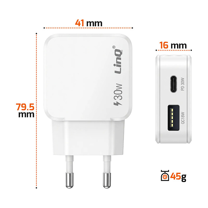 Avis LinQ Chargeur Secteur Universel Double Port USB-C et USB-A 30W Blanc