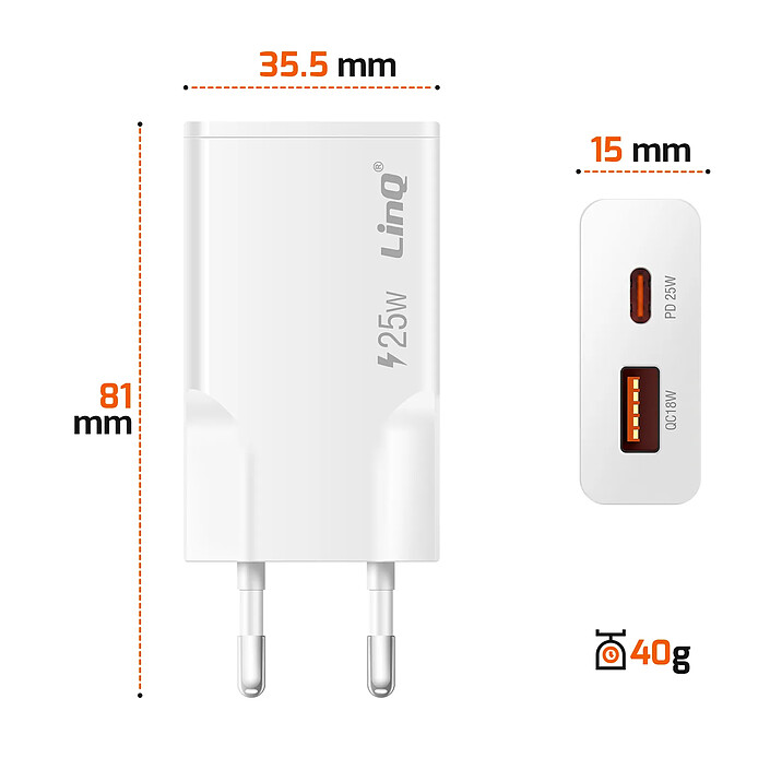 Avis LinQ Chargeur Secteur Extra Plat avec Double Port USB-C et USB 25W Blanc