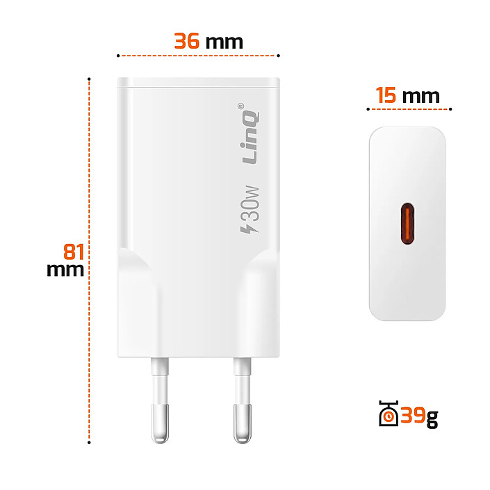 Avis LinQ Chargeur Secteur Extra Plat avec Port USB-C Power Delivery 30W Blanc