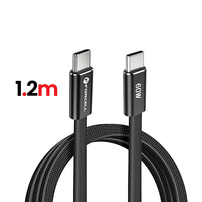 Forcell Câble de Charge USB-C Plat en Nylon Tressé Power Delivery F-Energy 60W 1.2m Noir pas cher
