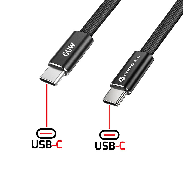 Avis Forcell Câble de Charge USB-C Plat en Nylon Tressé Power Delivery F-Energy 60W 1.2m Noir