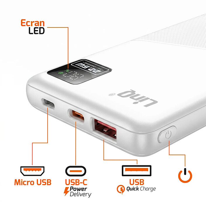 Avis LinQ PowerBank 10000mAh 22.5W Power Delivery USB-C / USB-A avec Écran LED Blanc