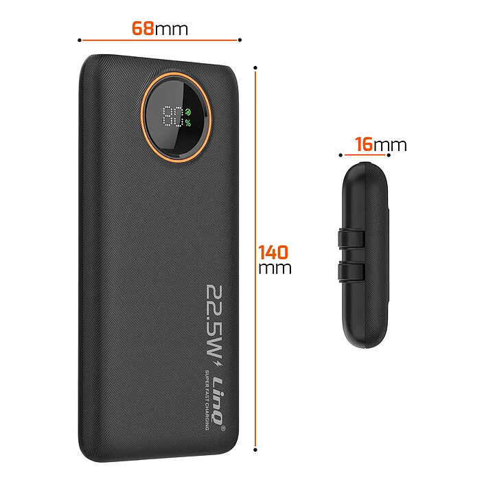 LinQ PowerBank 10000mAh 22.5W avec Câbles Intégrés Lightning / USB-C et Écran LED Noir pas cher