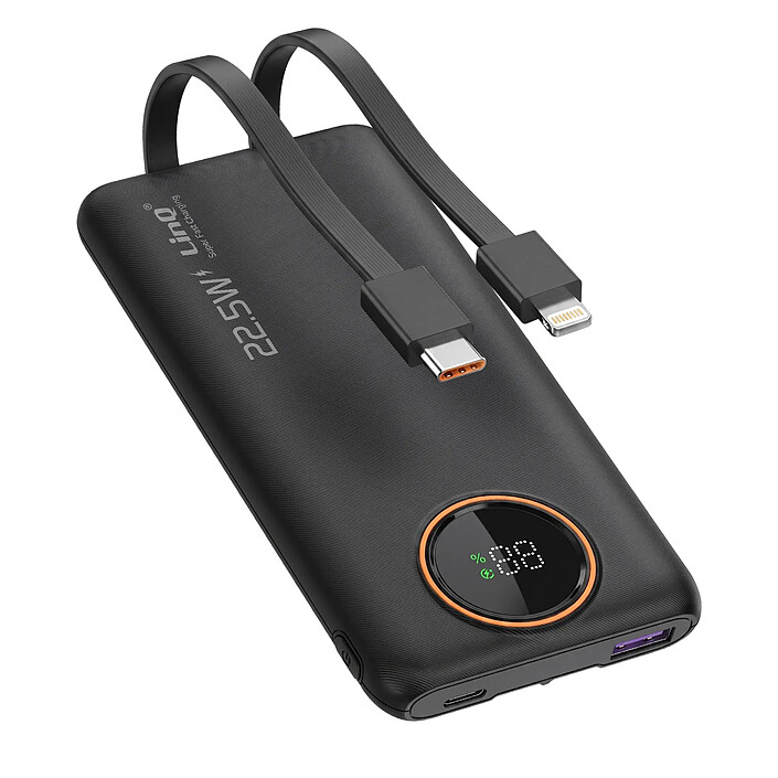 LinQ PowerBank 10000mAh 22.5W avec Câbles Intégrés Lightning / USB-C et Écran LED Noir