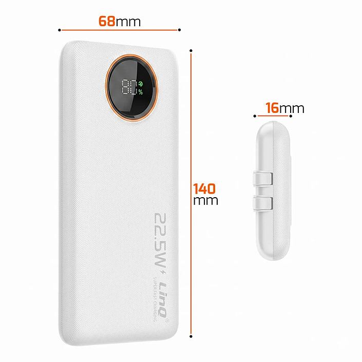 LinQ PowerBank 10000mAh 22.5W avec Câbles Intégrés Lightning / USB-C et Écran LED Blanc pas cher