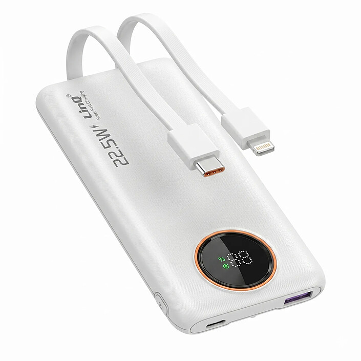 LinQ PowerBank 10000mAh 22.5W avec Câbles Intégrés Lightning / USB-C et Écran LED Blanc