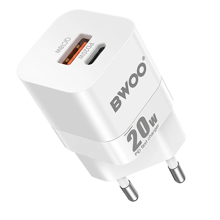 Bwoo Chargeur Secteur Rapide Universel Double Port USB-C et USB 20W Blanc