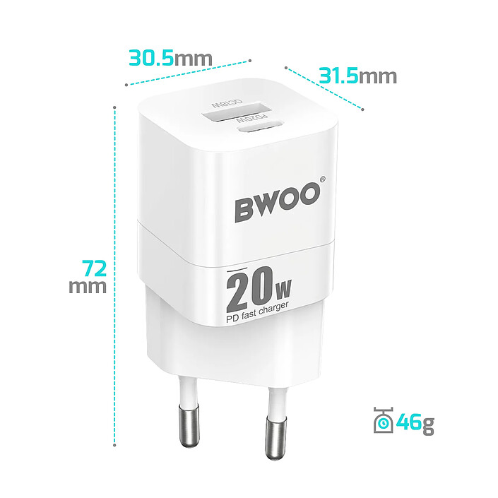 Acheter Bwoo Chargeur Secteur Rapide Universel Double Port USB-C et USB 20W Blanc