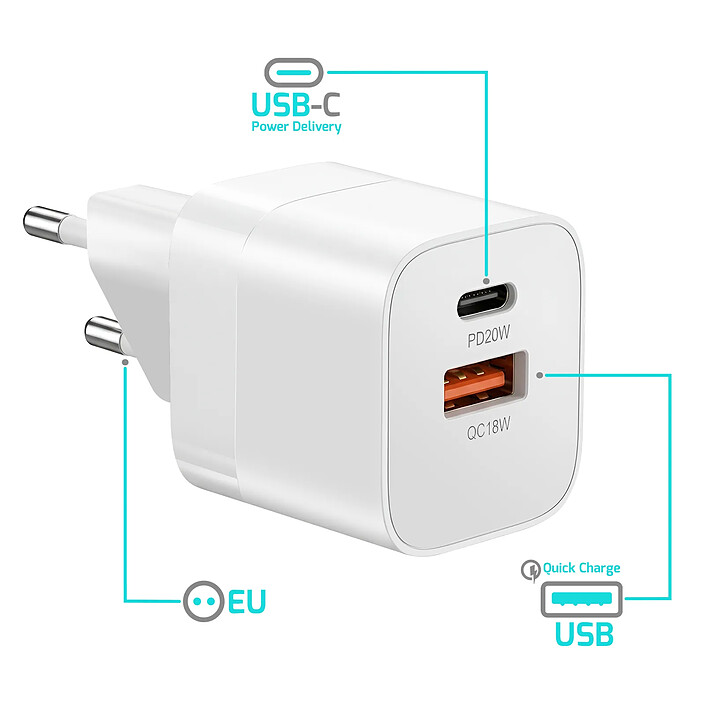 Avis Bwoo Chargeur Secteur Rapide Universel Double Port USB-C et USB 20W Blanc