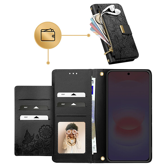 Avizar Étui Portefeuille pour Galaxy A56 Motif Floral avec Poche Zippée Intégrée pas cher