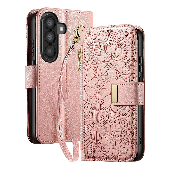 Avizar Étui Portefeuille pour Galaxy A56 Motif Floral avec Poche Zippée Intégrée
