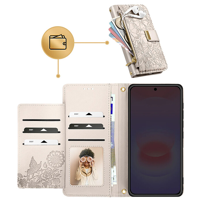 Avizar Étui Portefeuille pour Galaxy A56 Motif Floral avec Poche Zippée Intégrée pas cher
