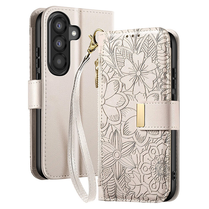 Avizar Étui Portefeuille pour Galaxy A56 Motif Floral avec Poche Zippée Intégrée