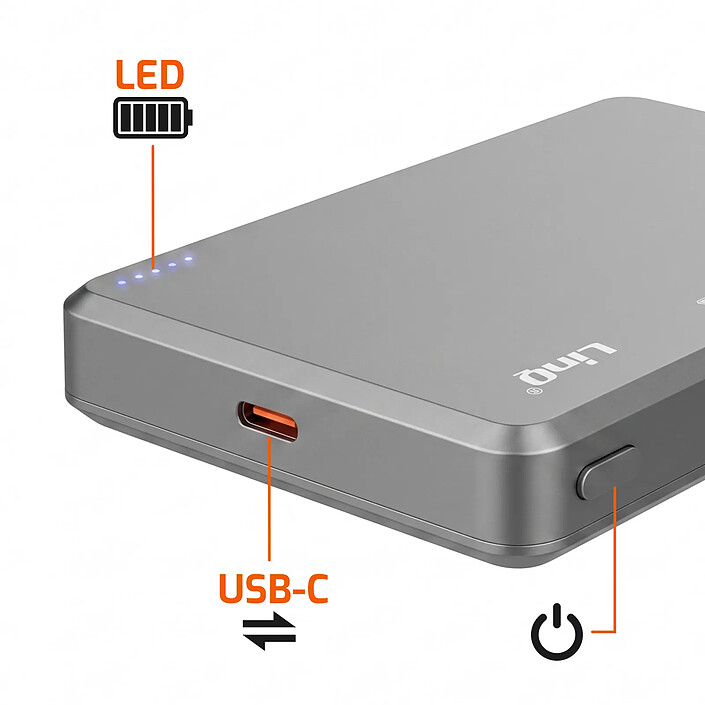 Acheter LinQ Powerbank MagSafe 10000mAh 15W et Filaire 22.5W avec 4 Témoins LED de Charge Gris