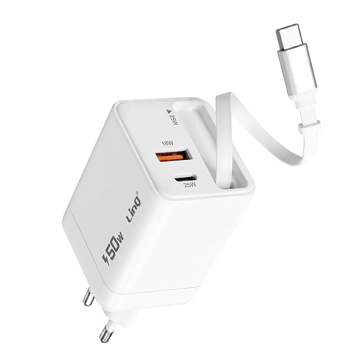 LinQ Chargeur Secteur PPS de 50W avec Câble Rétractable / Ports USB-C / USB-A Blanc