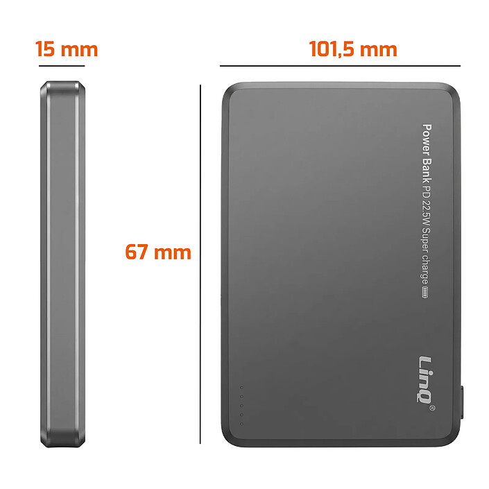 LinQ Powerbank MagSafe 10000mAh 15W et Filaire 22.5W avec 4 Témoins LED de Charge Gris pas cher