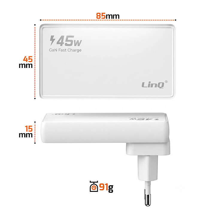 LinQ Chargeur Voyage GaN 45W avec Ports USB-C / USB et Prises Interchangeables Blanc pas cher