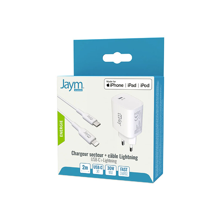 Jaym Chargeur Secteur USB-C 30W PD / PPS avec Câble USB-C vers Lightning MFi 2m Blanc pas cher