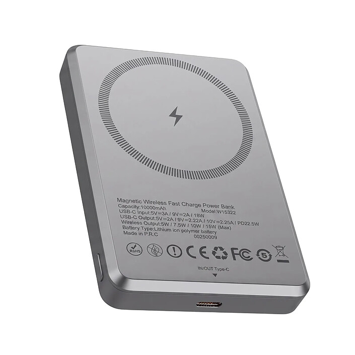 LinQ Powerbank MagSafe 10000mAh 15W et Filaire 22.5W avec 4 Témoins LED de Charge Gris