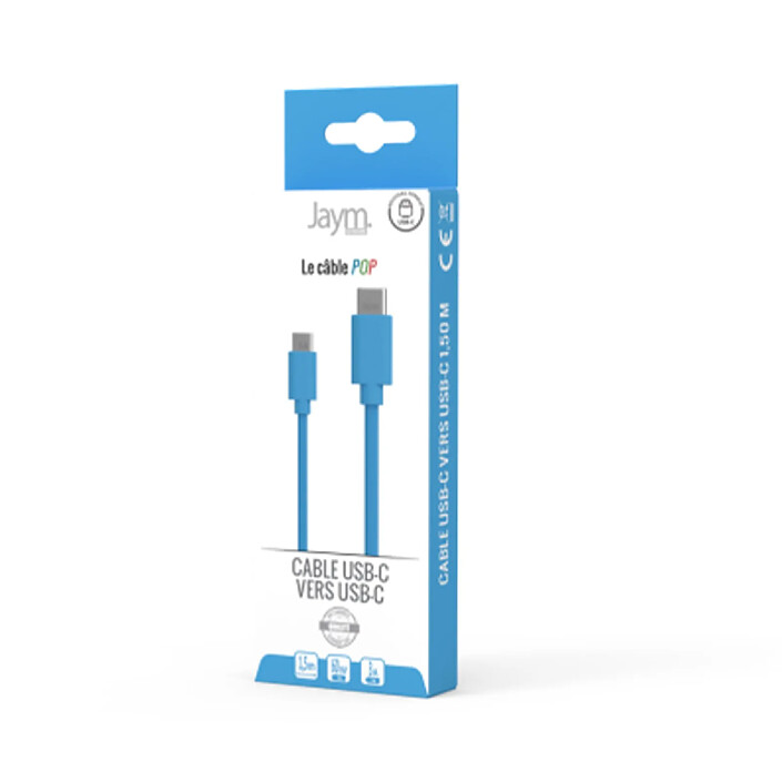 Jaym Câble USB-C vers USB-C PD 60W 3A Charge et Synchronisation Collection POP 1.5m Bleu pas cher