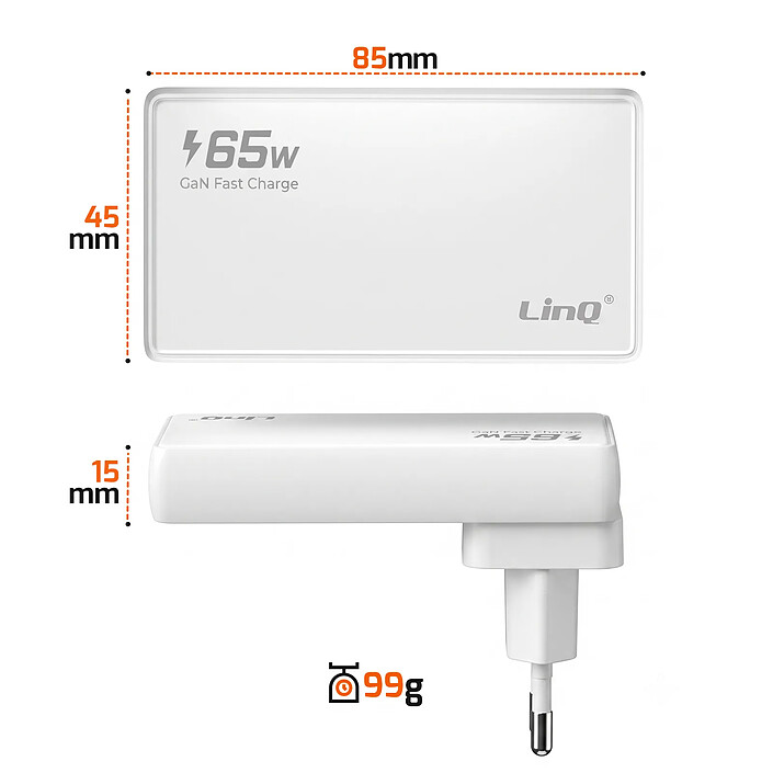 LinQ Chargeur Voyage GaN 65W avec Ports USB-C / USB et Prises Interchangeables Blanc pas cher