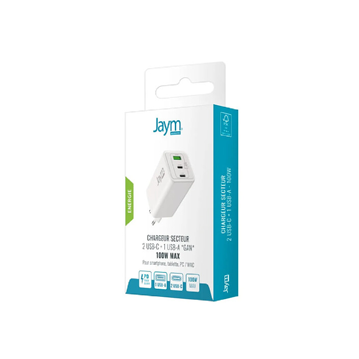 Jaym Chargeur Secteur GaN 5A 100W Max avec 2 USB-C et USB-A Compatible PD-PPS Blanc pas cher