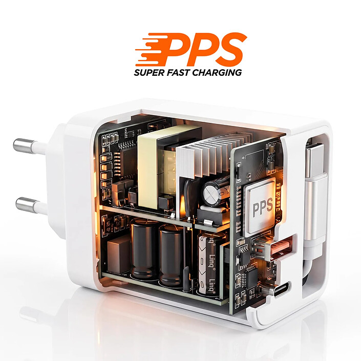 LinQ Chargeur Secteur PPS de 50W avec Câble Rétractable / Ports USB-C / USB-A Blanc pas cher
