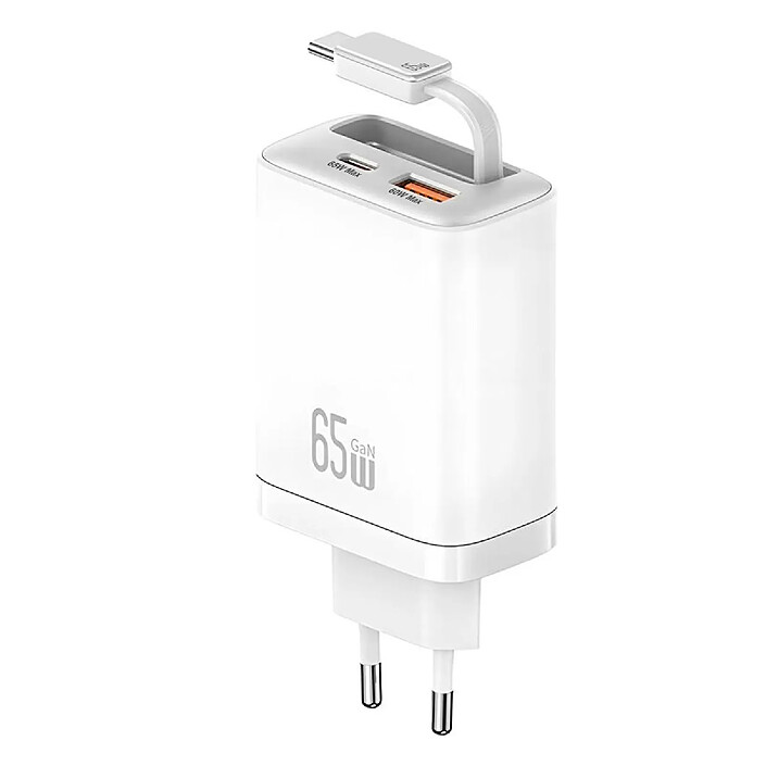 Usams Chargeur GaN 65W 2 Ports USB PD et PPS avec Câble Rétractable USB-C Rapide Blanc