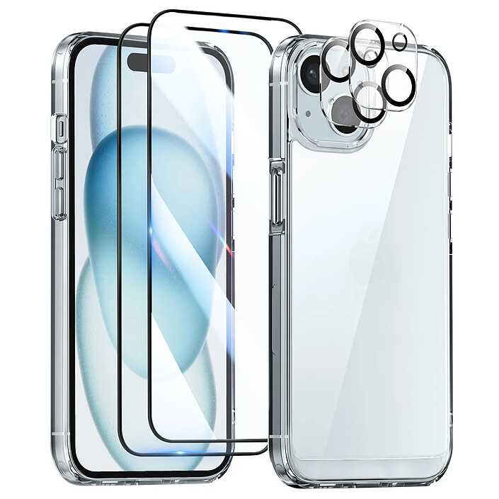 Avizar Pack Protection pour iPhone 15 avec Coque 2 Verres Trempés et 2 Films Caméra