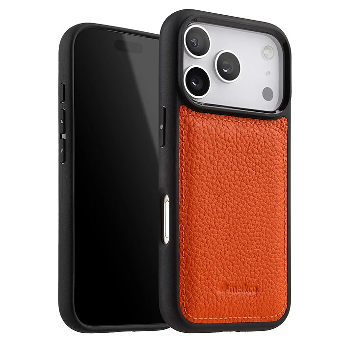 Melkco Coque pour iPhone 17 Pro Renforcée en Cuir Grainé avec Bords Surélevés Orange