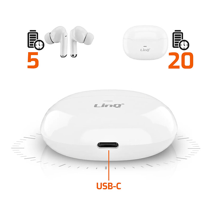 Acheter LinQ Écouteurs Sans-Fil TWS Bluetooth 5.0 25h Autonomie Boîtier USB-C Blanc