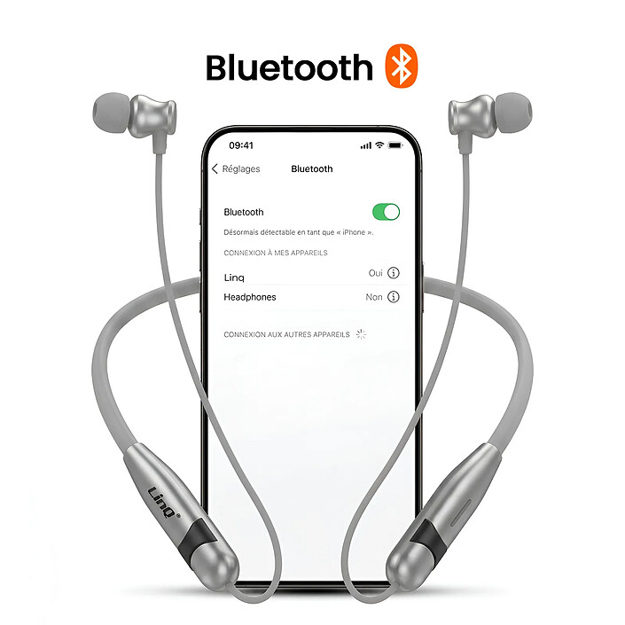 Acheter LinQ Écouteurs Sans Fil Bluetooth Sport Tour de Cou Magnétique Autonomie 24h Argent