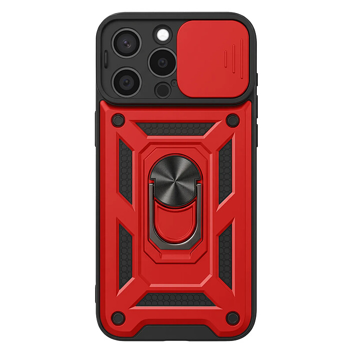 Mayaxess Coque pour iPhone 15 Pro Max avec Cache Caméra Coulissant et Bague Magnétique Rouge / Noir