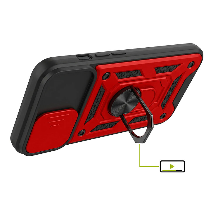 Avis Mayaxess Coque Anneau pour iPhone 16e avec Cache Caméra Coulissant et Bague Magnétique Rouge / Noir