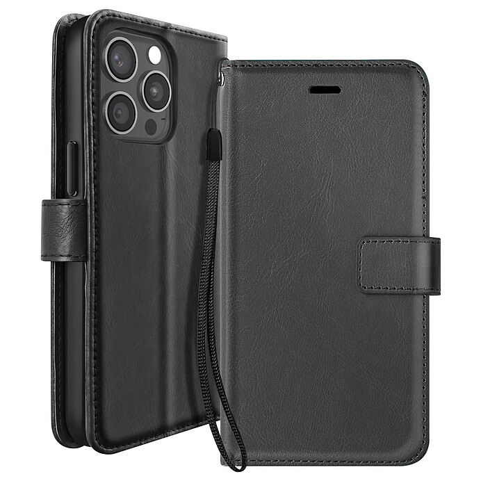 Mayaxess Etui Portefeuille pour iPhone 15 Pro Max avec Dragonne et Support Vidéo Noir