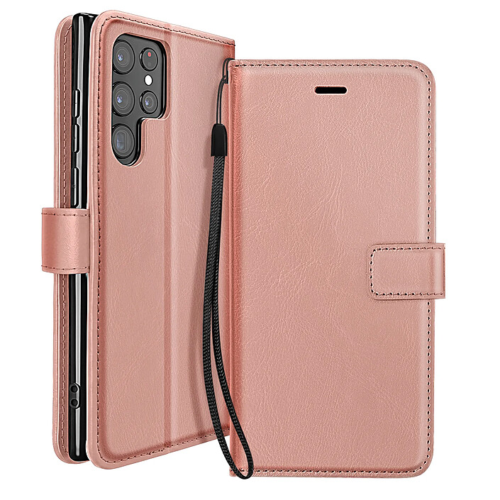 Mayaxess Étui Portefeuille pour Samsung Galaxy S22 Ultra avec Dragonne et Support Vidéo Rose gold