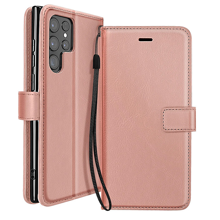 Mayaxess Étui Portefeuille pour Samsung Galaxy S23 Ultra avec Dragonne et Support Vidéo Rose gold