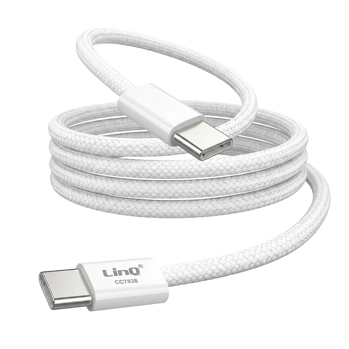 LinQ Câble USB-C vers USB-C PD 60W Charge Rapide 1m avec Éjecteur SIM Inclus Blanc
