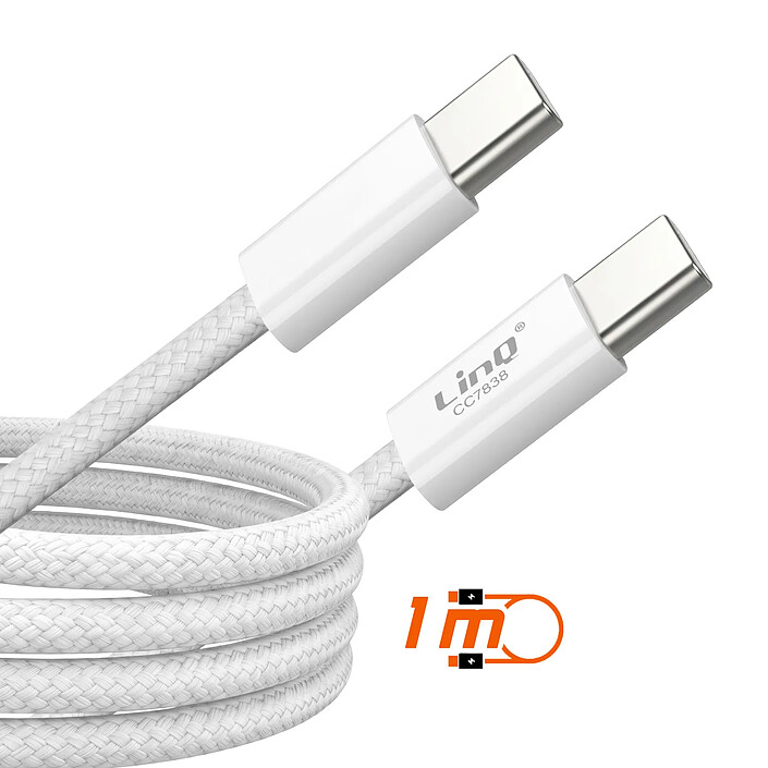 Acheter LinQ Câble USB-C vers USB-C PD 60W Charge Rapide 1m avec Éjecteur SIM Inclus Blanc