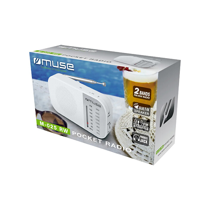 Muse Radio Portable de Poche Analogique FM / MW Muse M-025RW avec Haut-Parleur Blanc pas cher