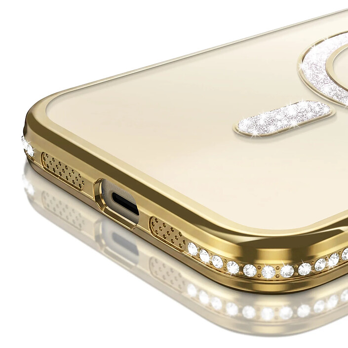 Avis Coque pour iPhone 14 Pro Max Compatible MagSafe avec Contour à Strass Dorée