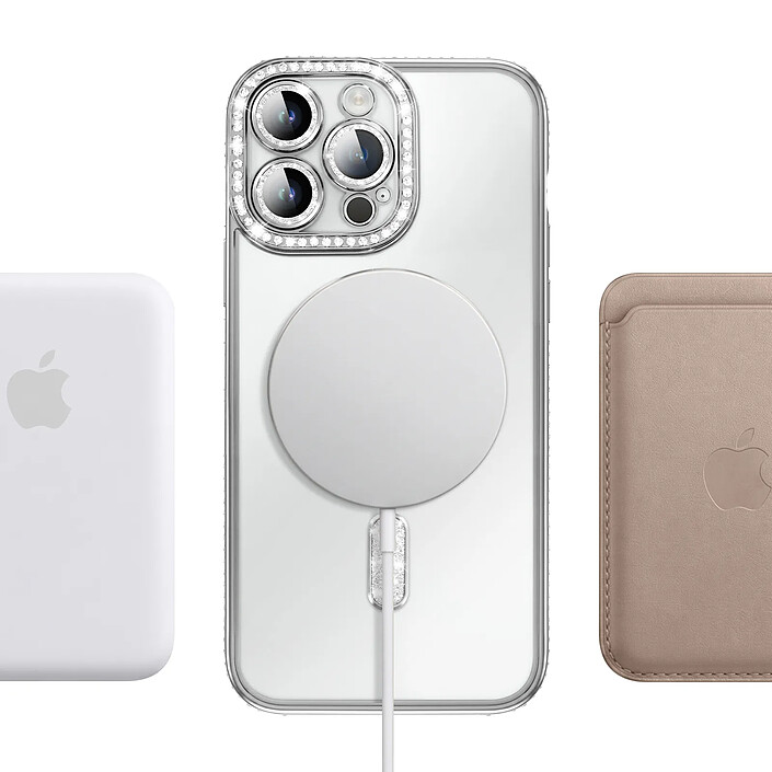 Coque pour iPhone 14 Pro Max Compatible MagSafe avec Contour à Strass Argent pas cher