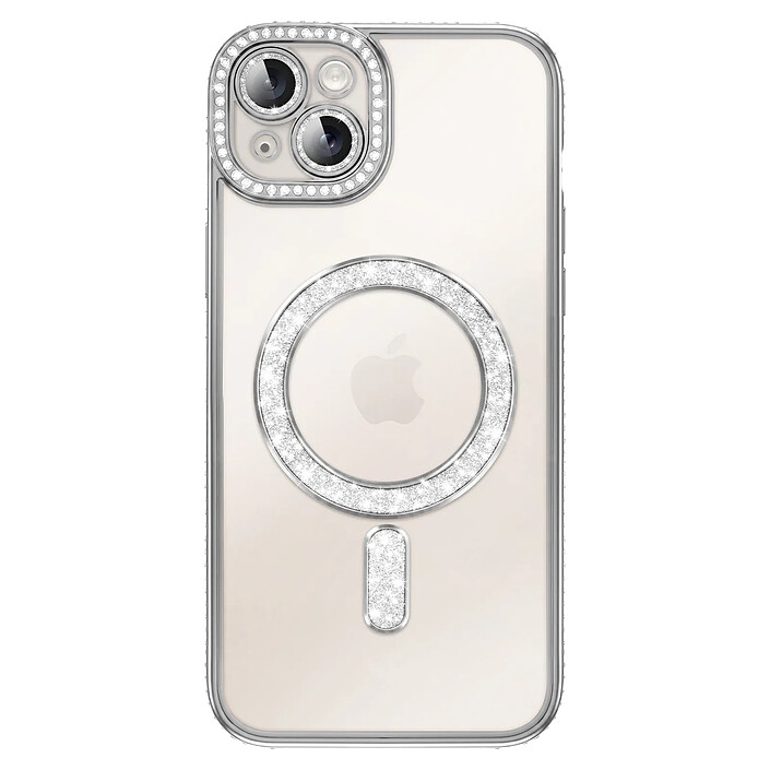 Coque pour iPhone 15 Plus Compatible MagSafe avec Contour à Strass Argent