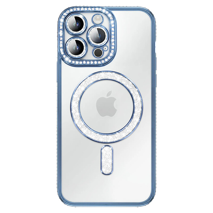 Coque pour iPhone 14 Pro Max Compatible MagSafe avec Contour à Strass Bleu