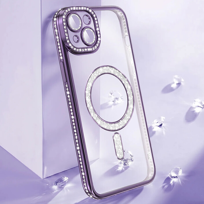 Acheter Coque pour iPhone 15 Plus Compatible MagSafe avec Contour à Strass Violet