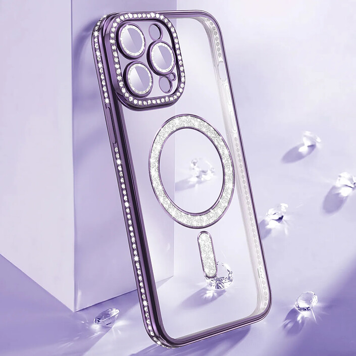 Acheter Coque pour iPhone 14 Pro Max Compatible MagSafe avec Contour à Strass Violet