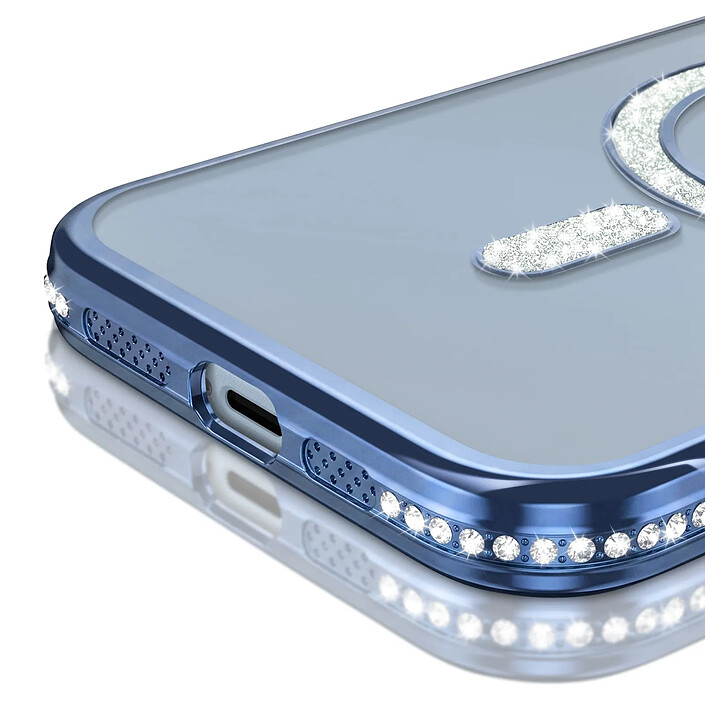 Avis Coque pour iPhone 15 Plus Compatible MagSafe avec Contour à Strass Bleu