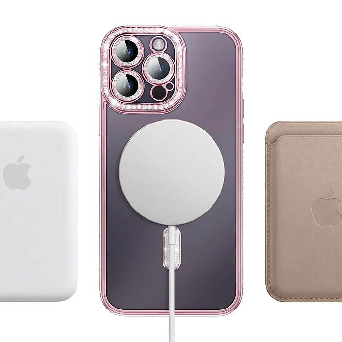 Coque pour iPhone 14 Pro Max Compatible MagSafe avec Contour à Strass Rose pas cher