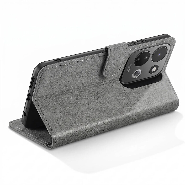 Avis Étui Portefeuille pour Redmi 17 Chesterfield avec Fonction Support Vidéo Gris
